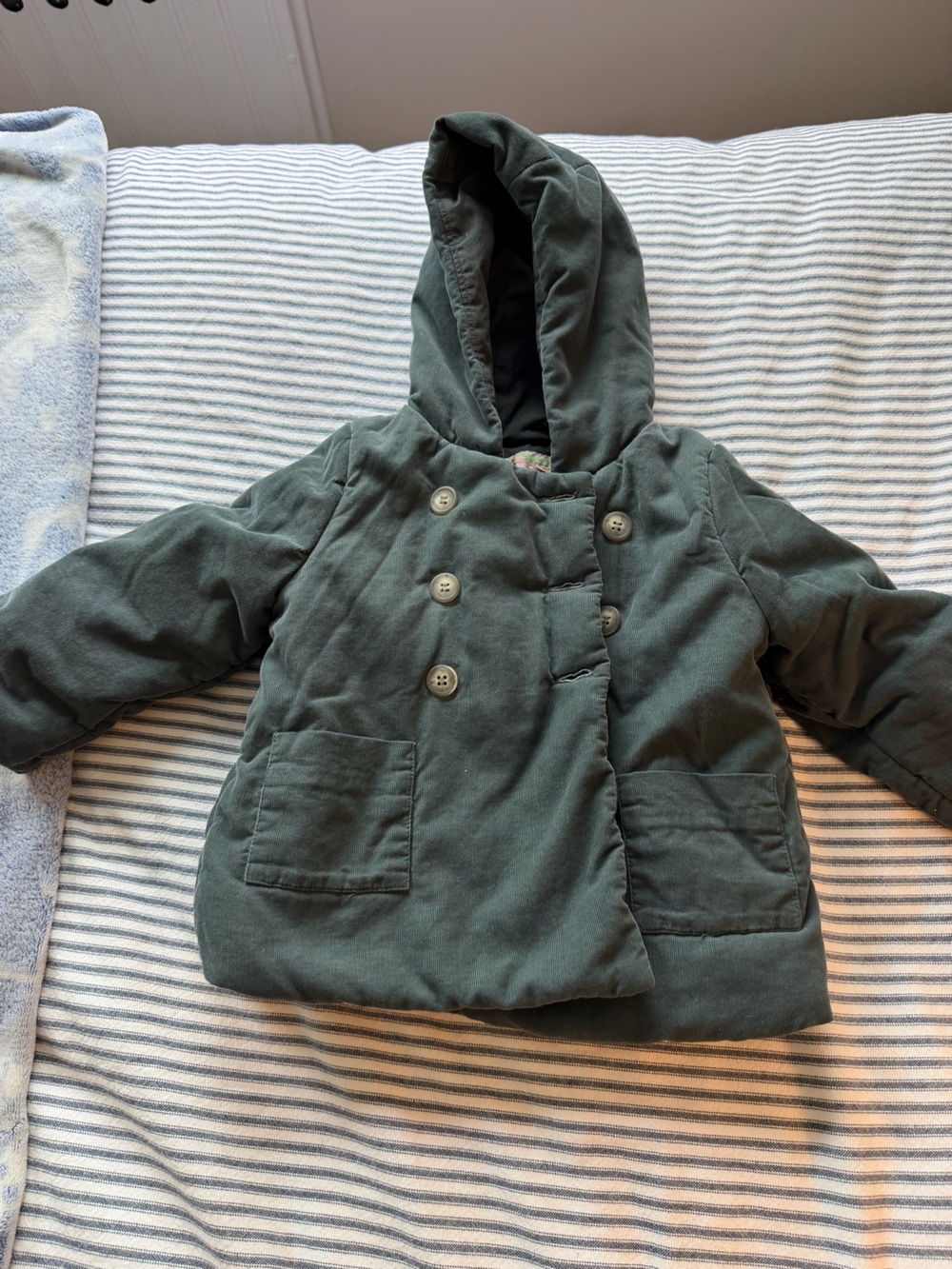 Bonpoint grey/blue Hooded Double-Breasted Kids Jacket size 2t